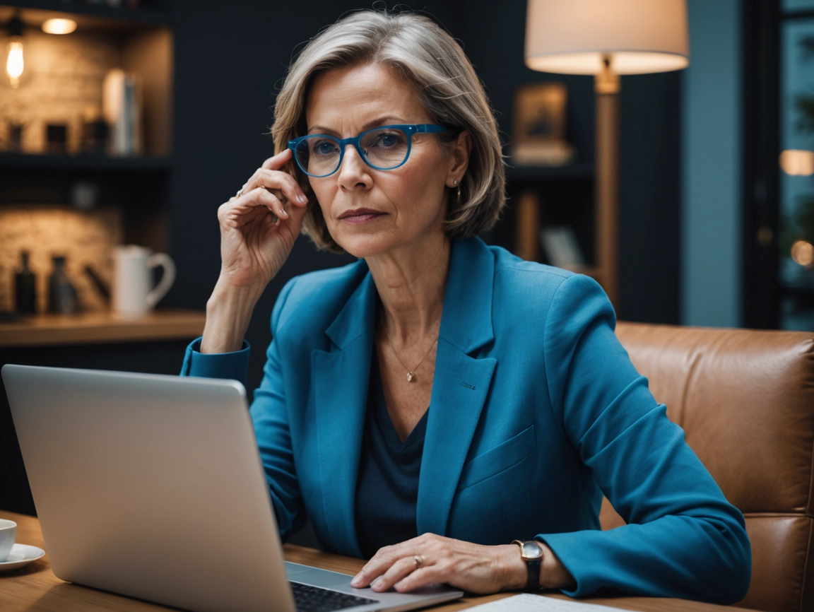 Elegant Midaldrende kvinde med Blue Light briller der arbejder ved en laptop