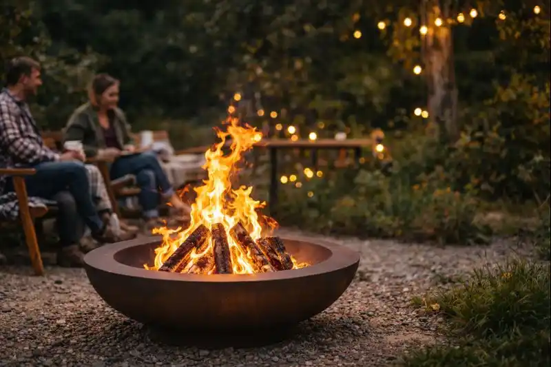 bålfad med ild i en hyggelig dansk have